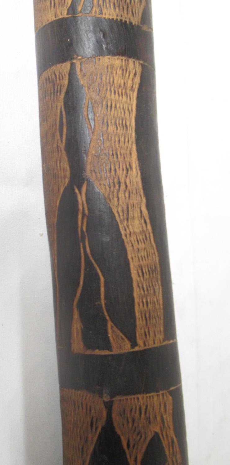Carved didgeridoo with images of Kangaroo, Snakes, etc. carved wood 4-string instrument lacking 2 - Image 13 of 14