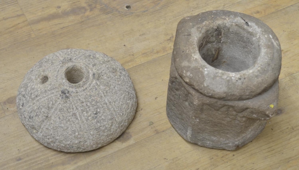 Carved stone mortar with lettering to the upper sides W24xD18xH27.5cm and a circular domed