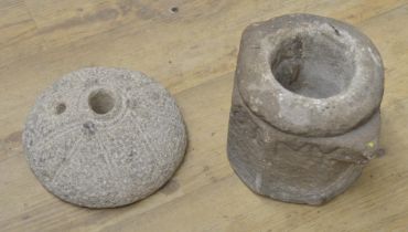 Carved stone mortar with lettering to the upper sides W24xD18xH27.5cm and a circular domed