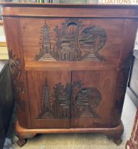 Chinese carved cocktail cabinet, hinged top with fitted interior above two drawers, W90cm D50cm