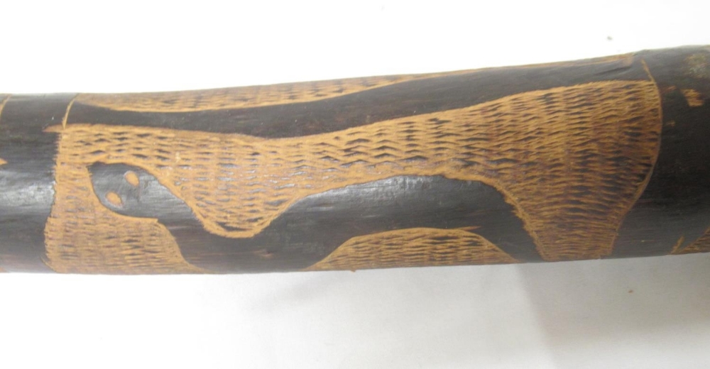 Carved didgeridoo with images of Kangaroo, Snakes, etc. carved wood 4-string instrument lacking 2 - Image 14 of 14
