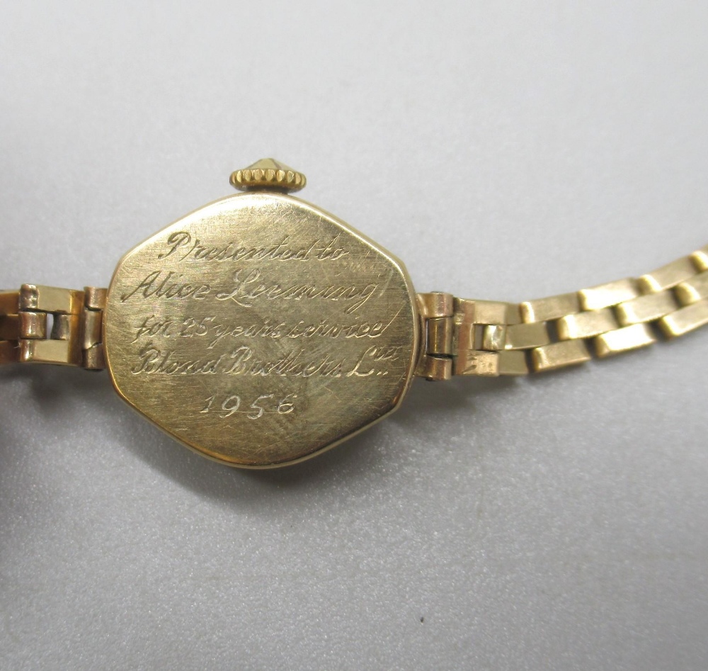 Ladies gold Rotary wristwatch, case stamped 375, with dedicated engraving to back, on 9ct yellow - Image 3 of 3