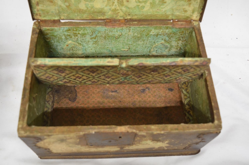 Circa 17th century leather bound table box with wrought metal flap lock and ornate metal pinned - Image 3 of 8