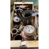 Various metalware, incl. a large pewter teapot, copper jugs, copper vases, cutlery, etc. (3 boxes)