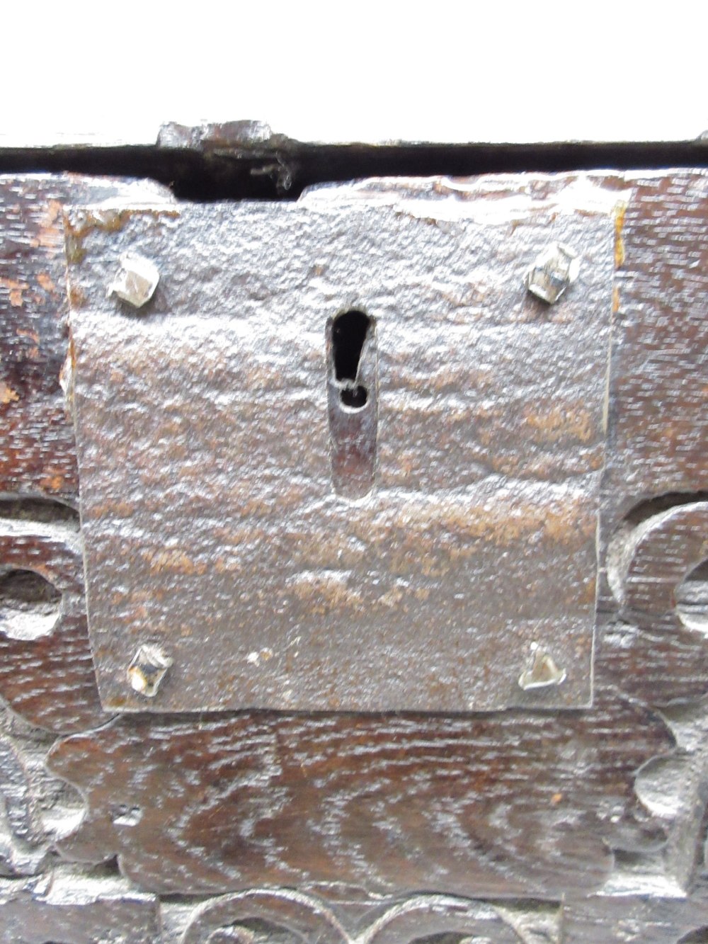 18th century and later oak Bible box with hinged lid and carved front, W58cm D39cm H28cm (Victor - Image 5 of 6