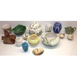 Various ceramics, incl. a Quantock Pottery figure of a knight on a horse, Wedgwood green