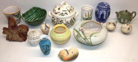 Various ceramics, incl. a Quantock Pottery figure of a knight on a horse, Wedgwood green