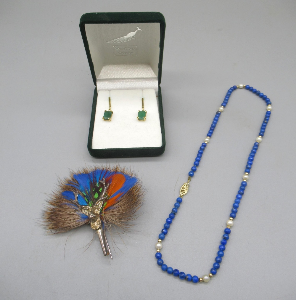 Lapis lazuli and pearl beaded necklace with 14ct yellow gold clasp, stamped 14k, L41cm, a pair of - Image 3 of 9