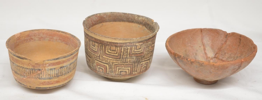 Three Indus Valley Harappan civilisation terracotta clay pots with 2 painted examples (one with