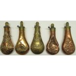 Five 19th century copper and brass embossed powder flasks, decorated with pheasant, wild fowl and