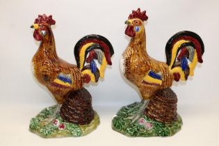 Pair of large majolica style cockerels marked 'Kerangol, made in Portugal', H44cm