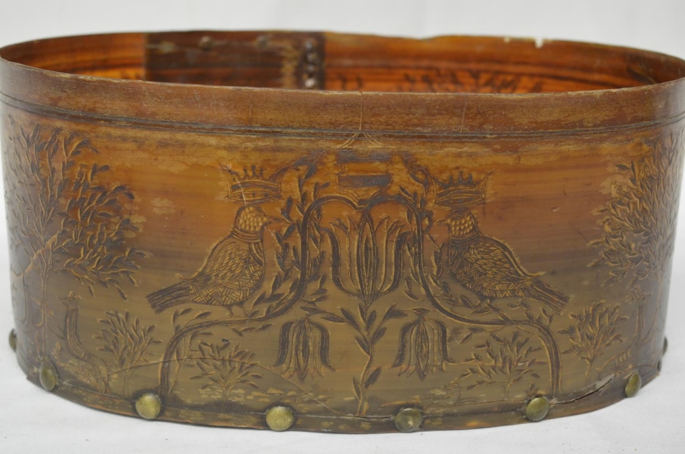 17th century Dutch wood and pressed cow horn marriage box, with ornate carvings of Lovebirds in - Image 2 of 5