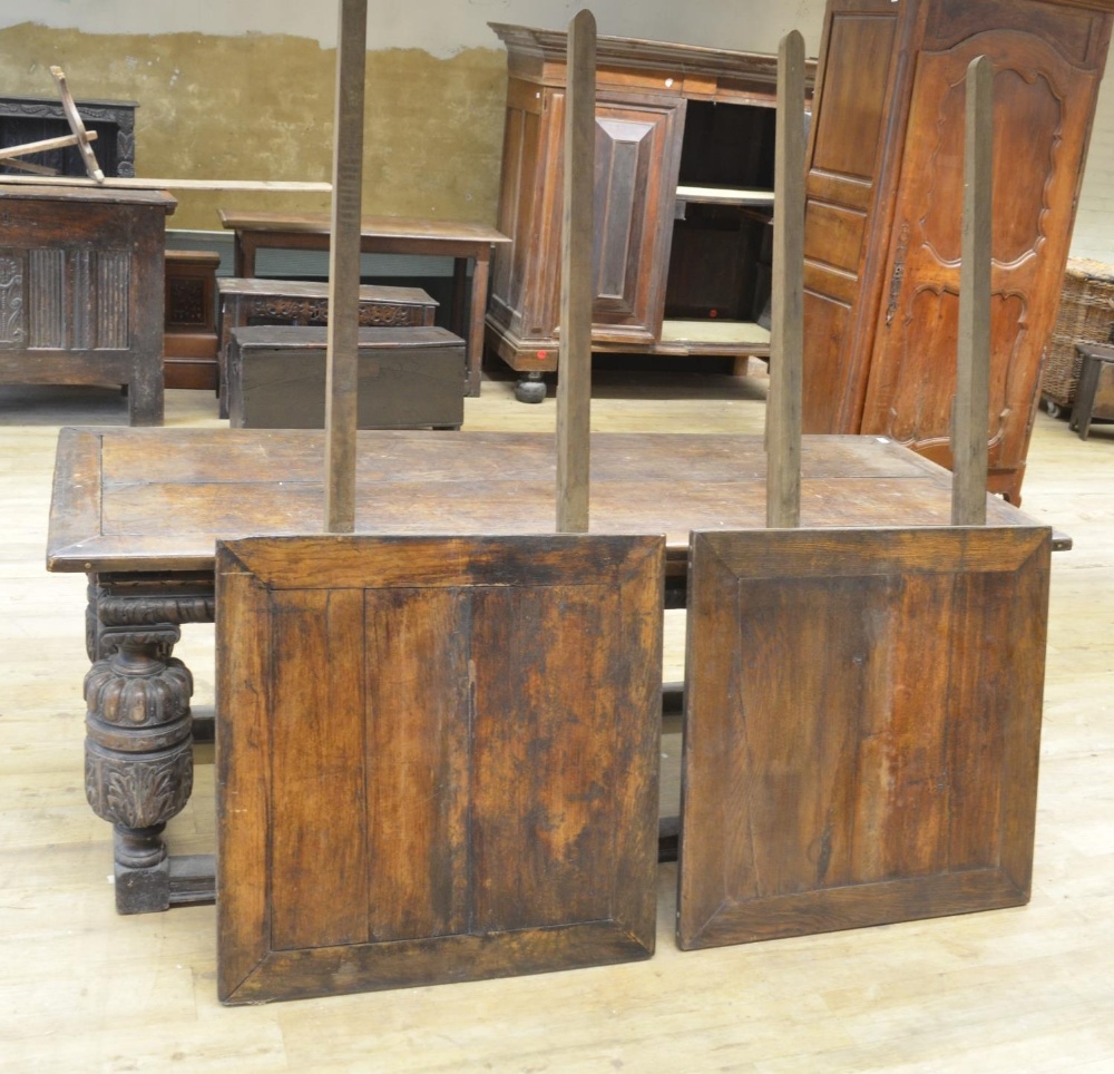 Elizabethan style oak rectangular refectory draw leaf dining table, with lobed frieze on cup and - Image 4 of 5