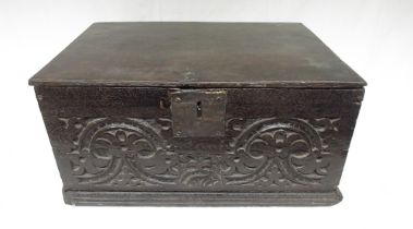 18th century and later oak Bible box with hinged lid and carved front, W58cm D39cm H28cm (Victor