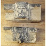 Pair of French ecclesiastical sculpted heads with accompanying church masonry (Victor Brox