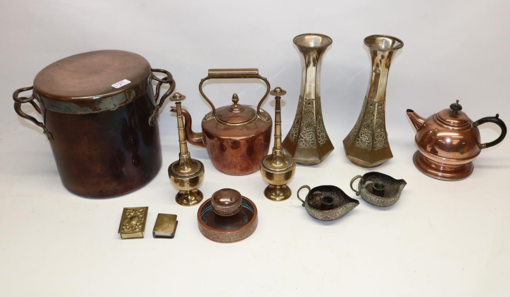 Collection of various metalware, incl. two Kashmiri copper candleholders, pair of vases marked - Image 2 of 2