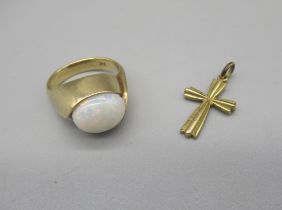 9ct gold ring set with opal, stamped 9ct, size J1/2, and a 9ct yellow gold crucifix pendant, 5.4g