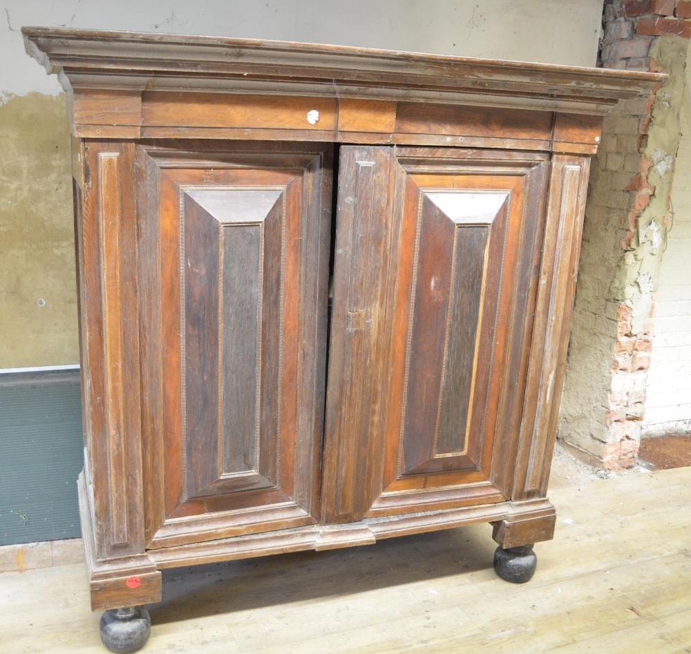 19th century Dutch oak walnut and rosewood cupboard, moulded cornice above two raised panel doors, - Image 2 of 6