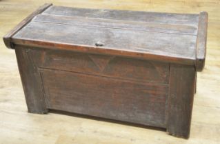 18th century oak clamp front coffer with hinged top and shaped frieze, W115cm D58cm H58cm (Victor