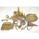 Collection of brass and copper ware to include copper measuring vessels, brass mounted knight,