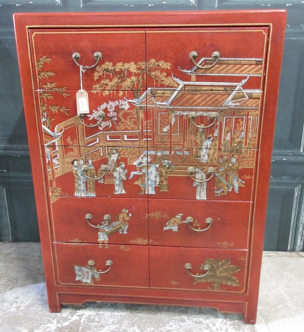 Red Chinoiserie decorated chest of five long drawers with loop handles, W76cm D46 H104cm