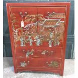 Red Chinoiserie decorated chest of five long drawers with loop handles, W76cm D46 H104cm
