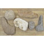 Large neolithic flint pounding stone, a piece of fossilized wood, corn grinding stone etc. (6) (