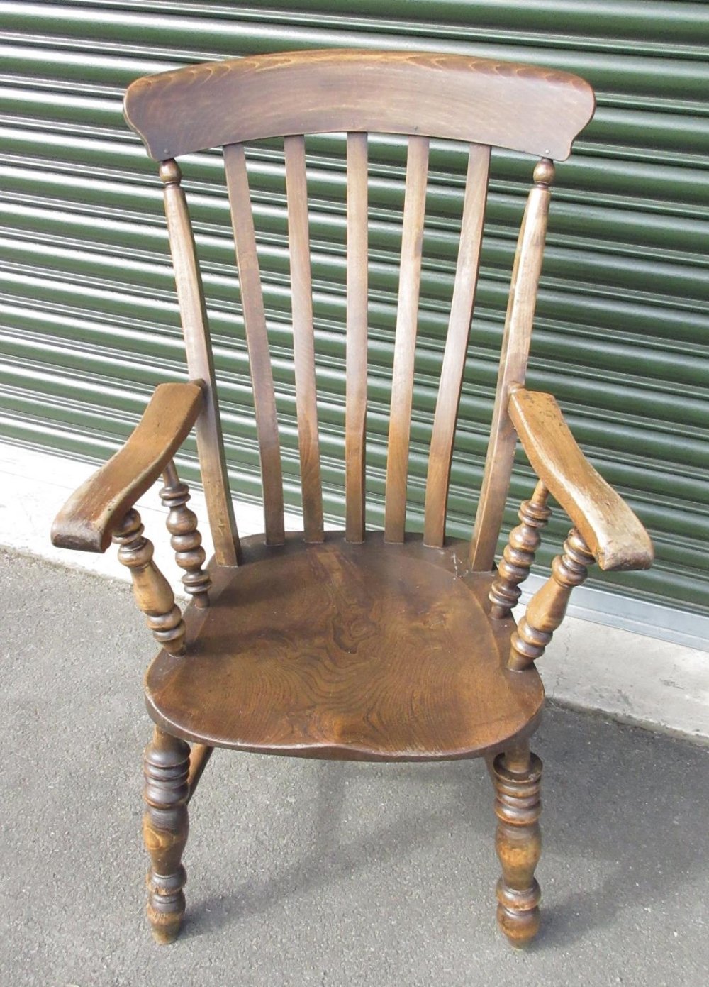 Victorian ash and elm slat back kitchen Windsor type chair, on turned supports with stretchers
