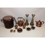 Collection of various metalware, incl. two Kashmiri copper candleholders, pair of vases marked