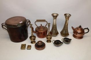 Collection of various metalware, incl. two Kashmiri copper candleholders, pair of vases marked