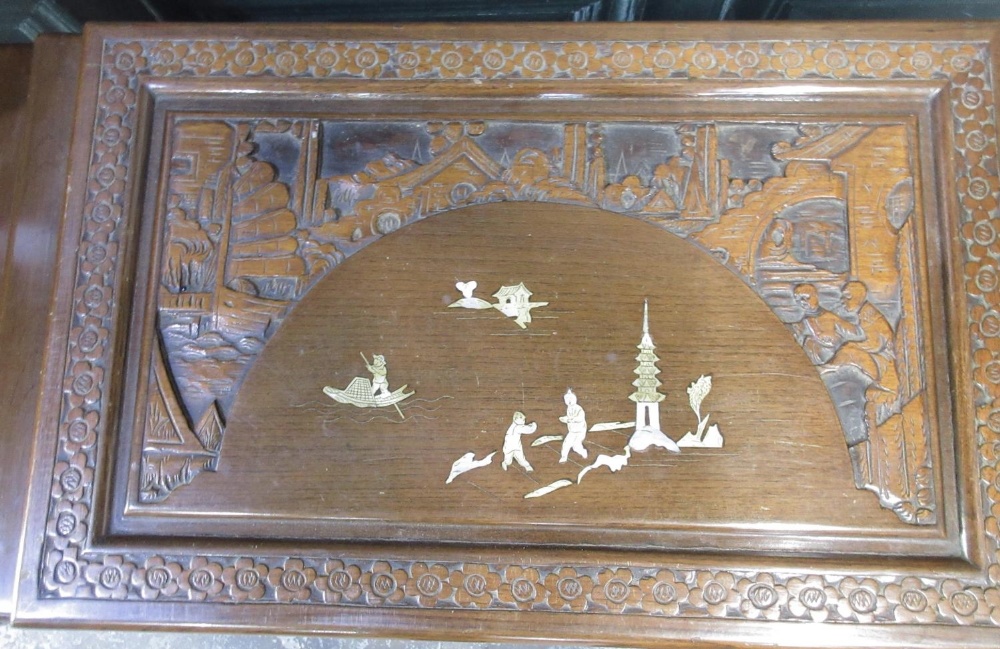Chinese camphor lined blanket box, carved and inlaid with landscapes and figures, stepped lid with - Image 2 of 3