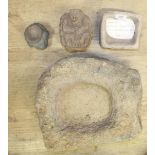 Circa 3/4th century stone mixing bowl 14x12x7cm, a small stone trough and two card stone figures