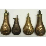 Four 19th century copper and brass embossed powder flasks, decorated with gun dogs and game, 21cm