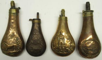 Four 19th century copper and brass embossed powder flasks, decorated with gun dogs and game, 21cm