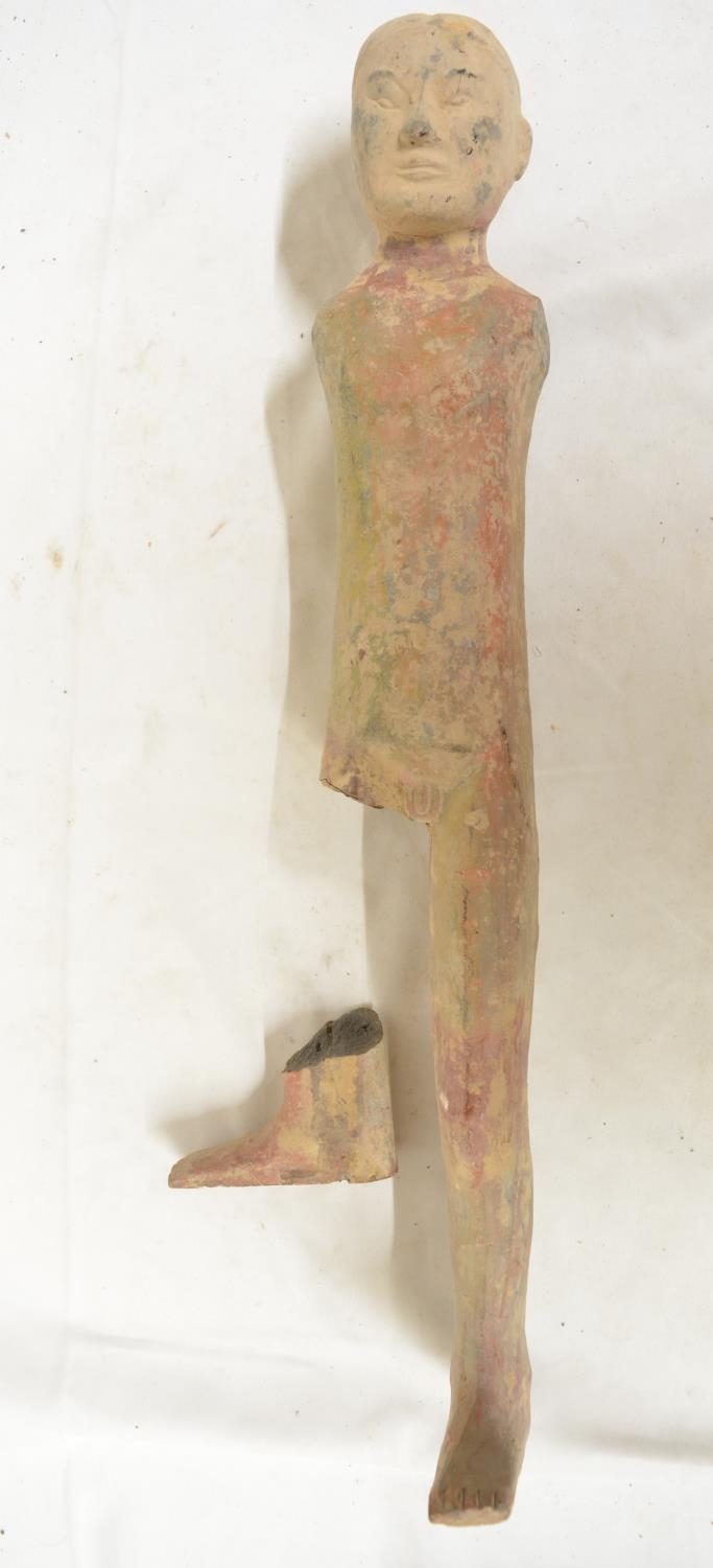 Chinese Han Dynasty terracotta clay stick man figure, damage to right leg, H56cm (Victor Brox