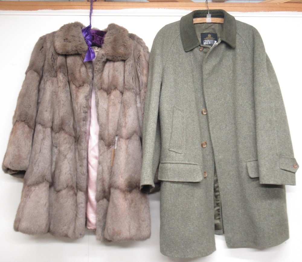 Grey brown fur coat labelled Thornton Varley Ltd Hull, and a 'Grenfell' Derby tweed overcoat (2)