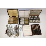 Three cased sets of six EPNS tea knives; cased set of six EPNS fruit spoons and collection pickle
