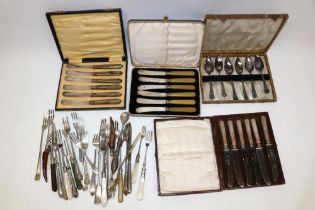 Three cased sets of six EPNS tea knives; cased set of six EPNS fruit spoons and collection pickle