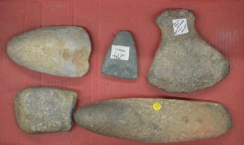 Five neolithic stone hand axe heads, largest L16cm (Victor Brox collection)
