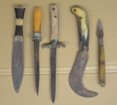 Collection of historical knives to include a Spanish dress dagger, African tribal knife with horn