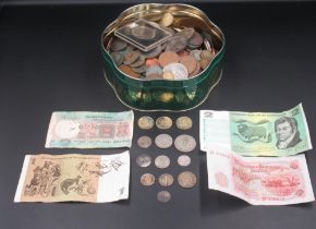 Assorted collection of GB and International coins & banknotes to inc. 7 Pre-1947 silver content