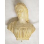 Carved alabaster female bust, marked J Raphael to rear, with base mounting peg. H18cm (Victor Brox