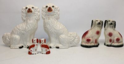 Three pairs of Staffordshire style pottery mantle dogs, max. H32.5cm