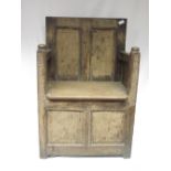 19th century oak box seat chair, panel back and seat cover, frame carved with Celtic strapwork,