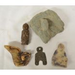 Collection of Chinese hand carved stone figures and decorative objects and a spade coin (5) (