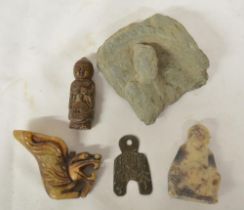 Collection of Chinese hand carved stone figures and decorative objects and a spade coin (5) (