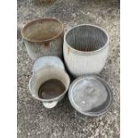 Four metal bins for use as planters or garden décor to include two wash basins and 2 dolly tubs