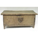 Small boarded oak country made coffer, with split pin hinged top, on later turned supports, W75cm