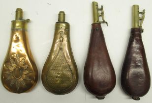 Two G. & J.W. Hawksley copper and brass embossed powder flasks, 19cm and two leather shot flasks