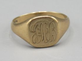 9ct yellow gold signet ring with engraved initials JMB to square face, stamped 375, size W1/2, 5.2g